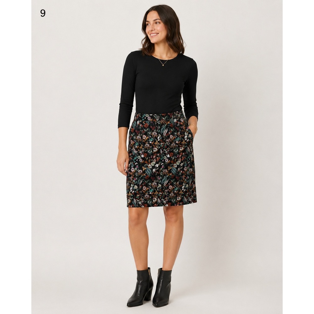 Vintage Christopher & Banks Black Floral Print Midi Skirt Womens 12‎ Pockets